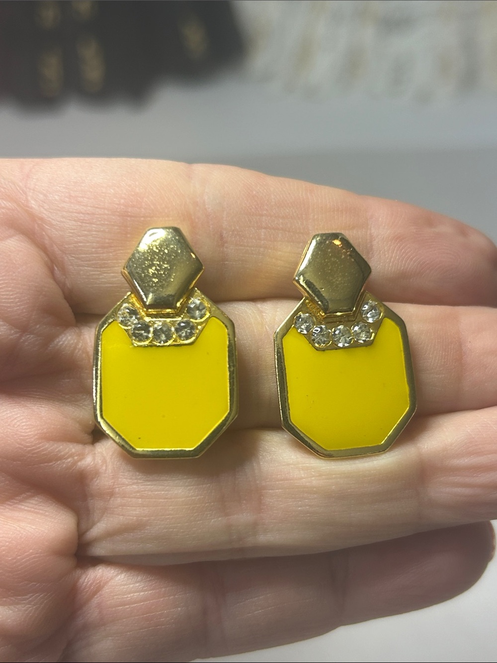 Yellow Enamel Gold-Tone Clipon Earrings with Crystal Accents